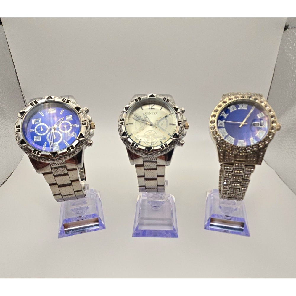 Lot of 3 Mens Geneva Silvertone Watches. Chrono,Gemstones,Quartz,Lightweight.